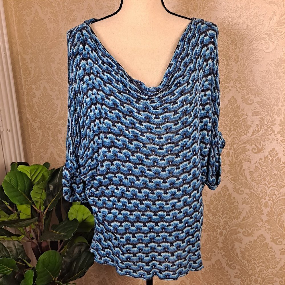 Kut From The Kloth Size Large Blue "Wave" Stripe Cowl Neck Dolman Sleeve Blouse